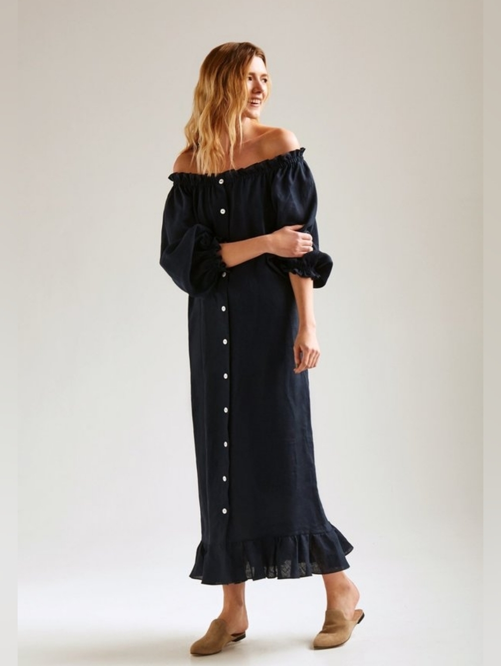 Sleeper 100% linen navy blue lounge dress